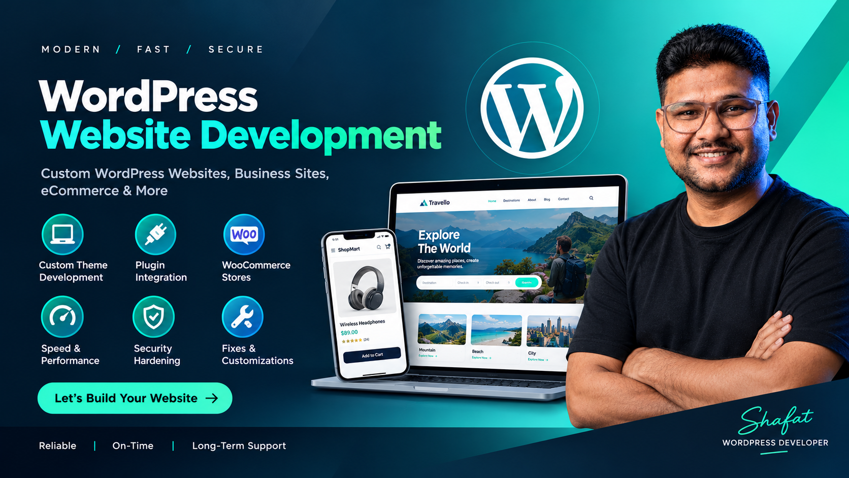 WordPress development portfolio banner: modern, fast and secure website builds with a phone mockup and tool logos